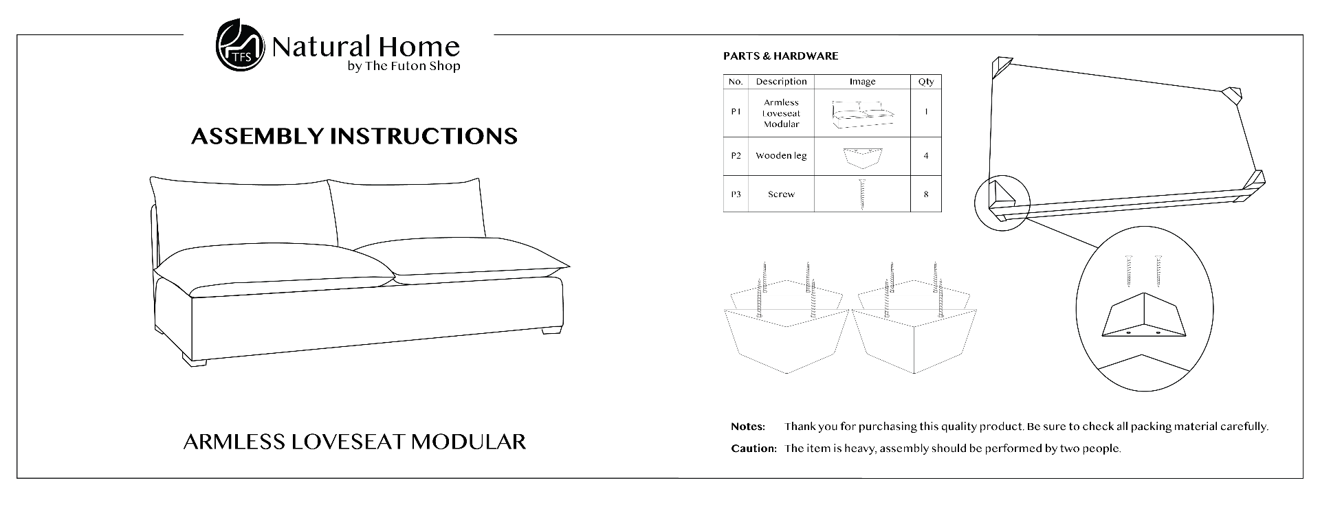 Armless Loveseat Modular Assembly Instruction