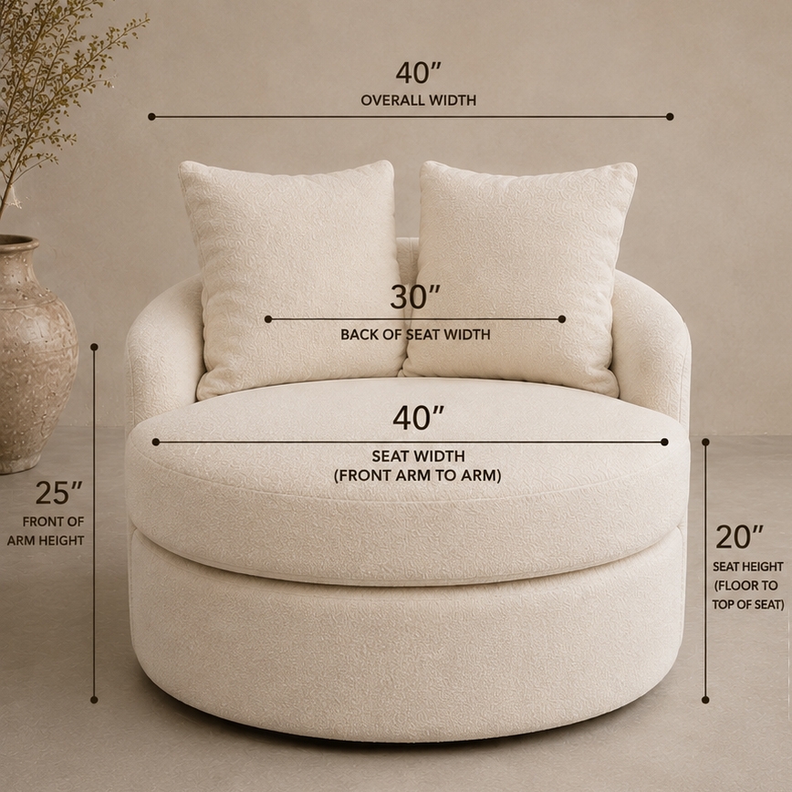 Front view of the Royal Luxury Swivel Chair with dimension callouts: 40 inches overall width, 30 inches back of seat width, 40 inches seat width front arm to arm, 25 inches front of arm height, and 20 inches seat height floor to top of seat.