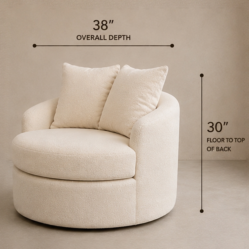 Side view of the Royal Luxury Swivel Chair with dimension callouts: 38 inches overall depth and 30 inches floor to top of back.