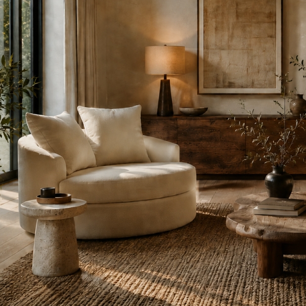 Cream swivel lounge chair beside a window in a warm living room, with a table lamp and wood credenza in the background