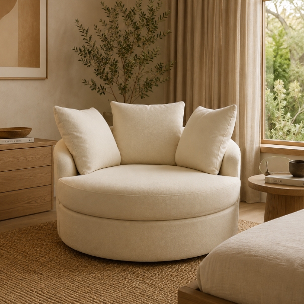 Cream swivel chair with pillows positioned beside a curtained window in a sunlit room
