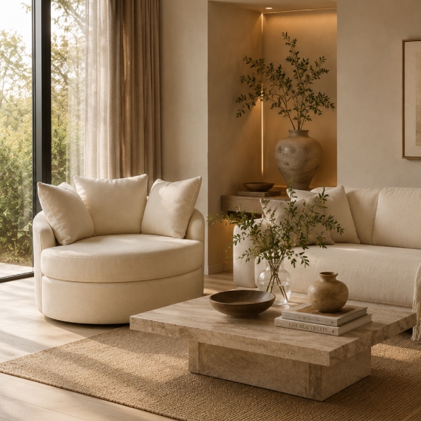 Living room with The Royal swivel chair, sofa, wood coffee table and potted greenery in a warmly lit alcove